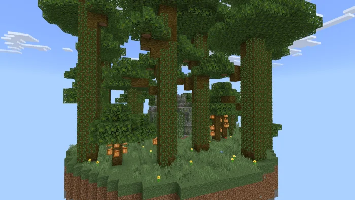 Jungle-themed floating island with tall trees, vines and lanterns