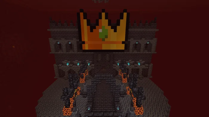Dark fortress entrance with a large crown above its stairs and lava details