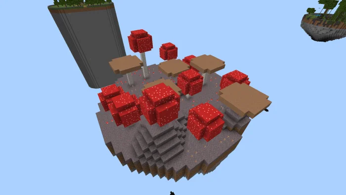 Mushroom-covered floating island with red and brown giant mushrooms