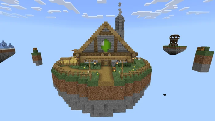 Timber building on a grassy floating island with neighbouring islands in the distance