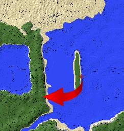 Overhead map with a red arrow from the starting islet toward the main island