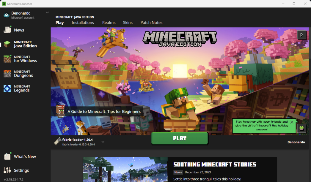 Minecraft Launcher with a Fabric installation selected beside Play