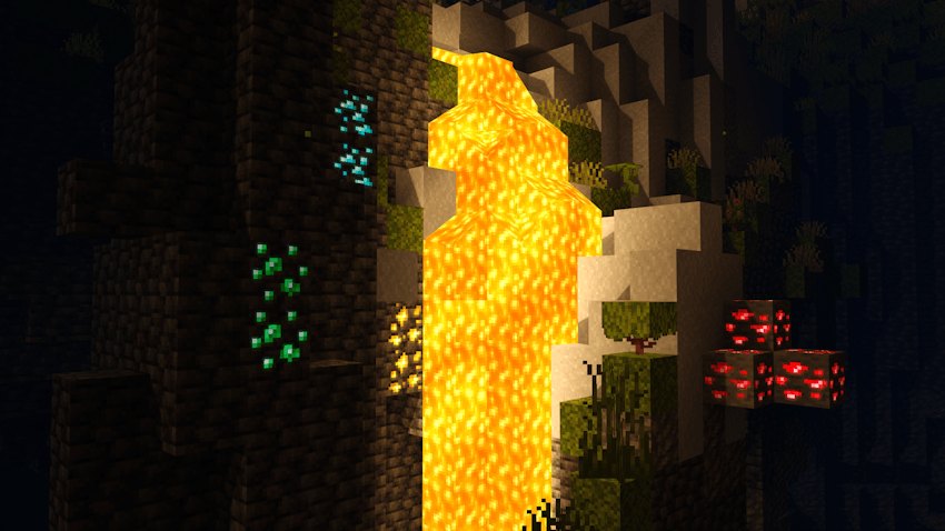 Lava fall illuminating a dark cave beside glowing exposed ores