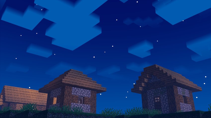 Village houses under a blue starry night sky