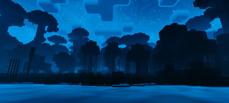 Dark jungle silhouettes beneath a saturated blue starry night sky