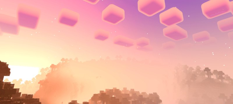 Pink clouds and glowing sunset above dark distant Bedrock terrain
