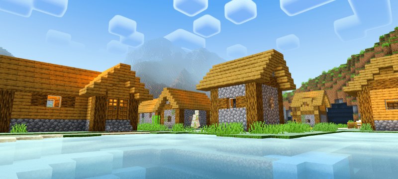 Wooden village houses beside bright reflective water beneath a blue sky
