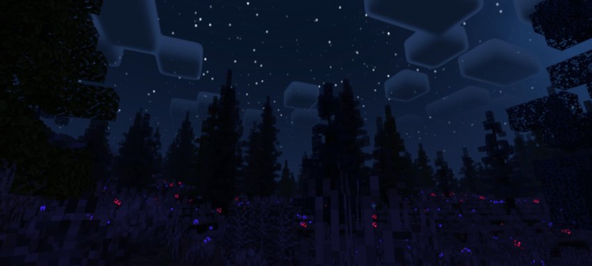 Stars above a very dark conifer forest in Minecraft Bedrock
