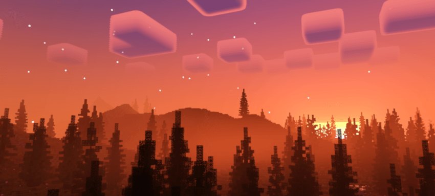 Orange sunrise behind dark conifer silhouettes in Minecraft Bedrock