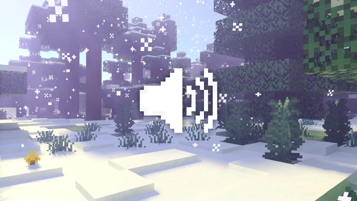 Better Sounds promotional image with a speaker symbol over a snowy Minecraft forest