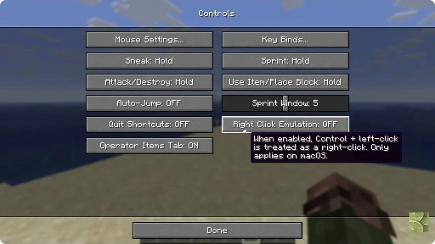 Controls menu with Right Click Emulation switched off and its Control plus left-click tooltip