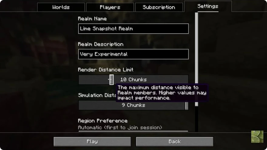Realms Settings with separate render distance and simulation distance sliders