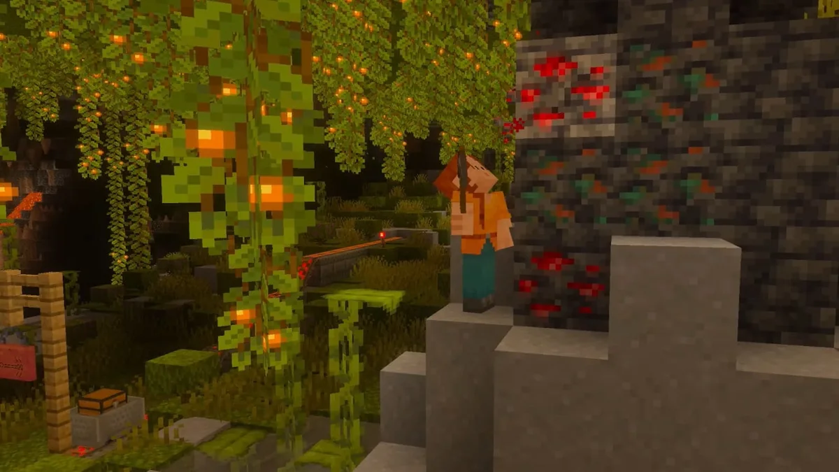 Alex in a lush cave with glow berries and exposed ores in Mojang’s Switch 2 gallery