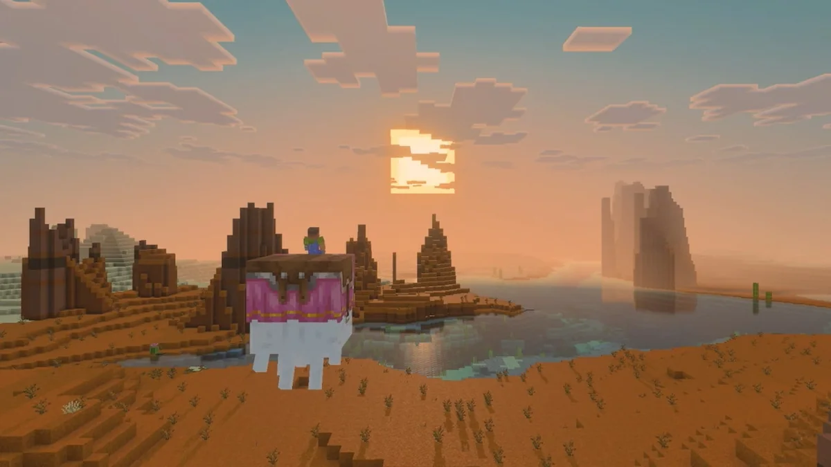 Happy ghast flying above a sunlit badlands river in Mojang’s Nintendo Switch 2 gallery