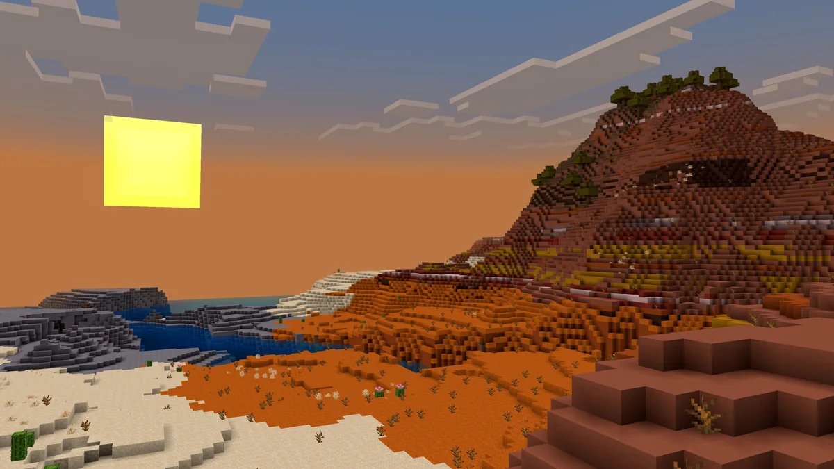 Mesa landscape and river at sunset using ordinary Minecraft rendering