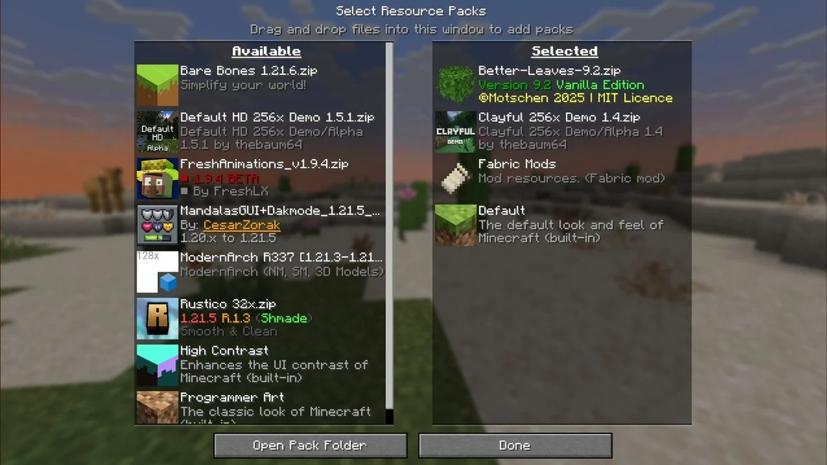 Minecraft resource pack menu showing selected packs and their ordering