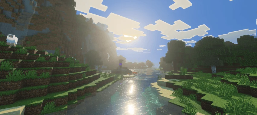 Sunlight reflected along a river between wooded banks in Ultra Vibrant Visuals