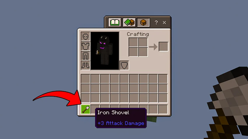 Starting inventory with one iron shovel and an empty two-by-two crafting grid