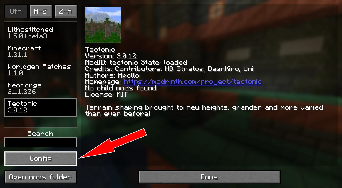NeoForge mod menu with Tectonic selected and its Config button indicated
