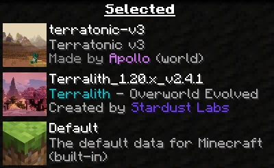 Selected datapacks with Terratonic above Terralith and Default below