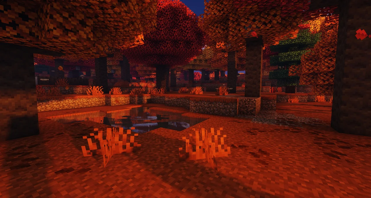 Author Minecraft26.3 screenshot showing warm orange light in a wooded clearing
