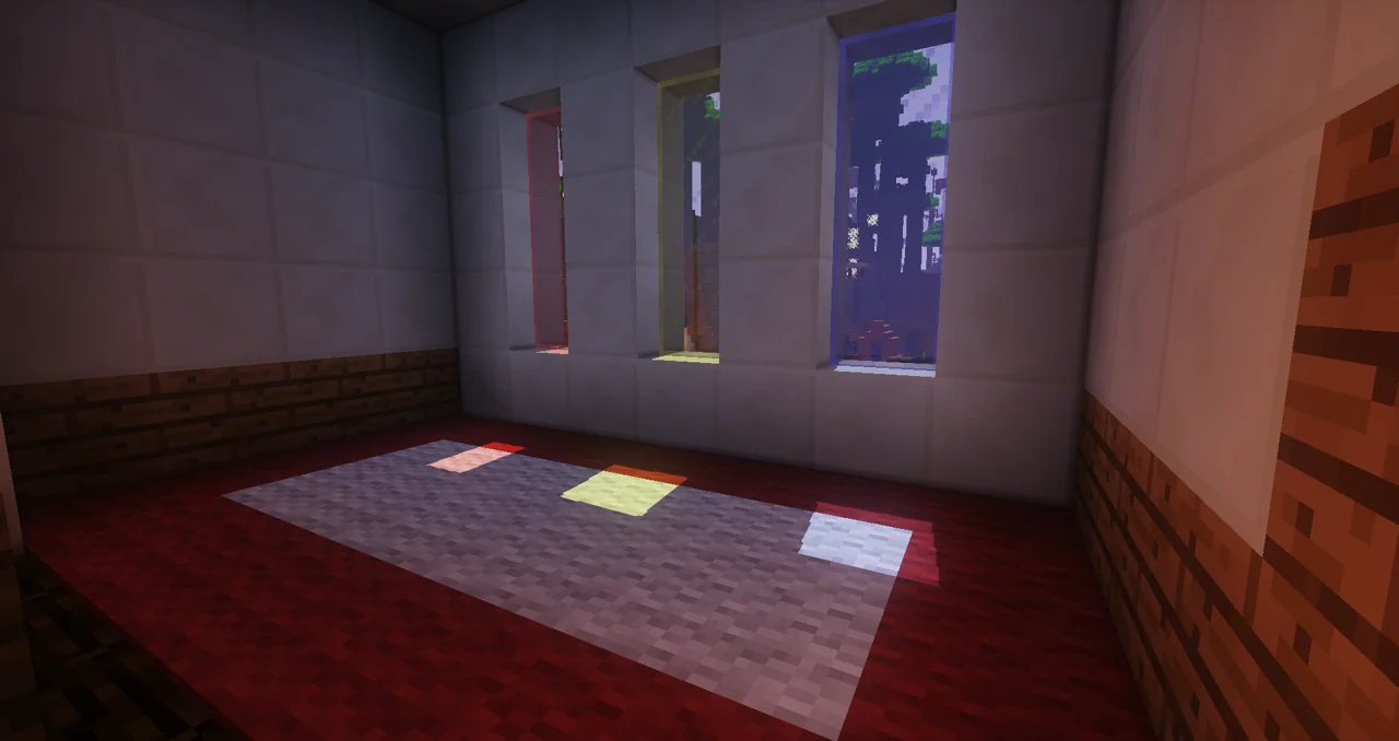 Coloured light patches falling from stained glass windows onto an interior floor