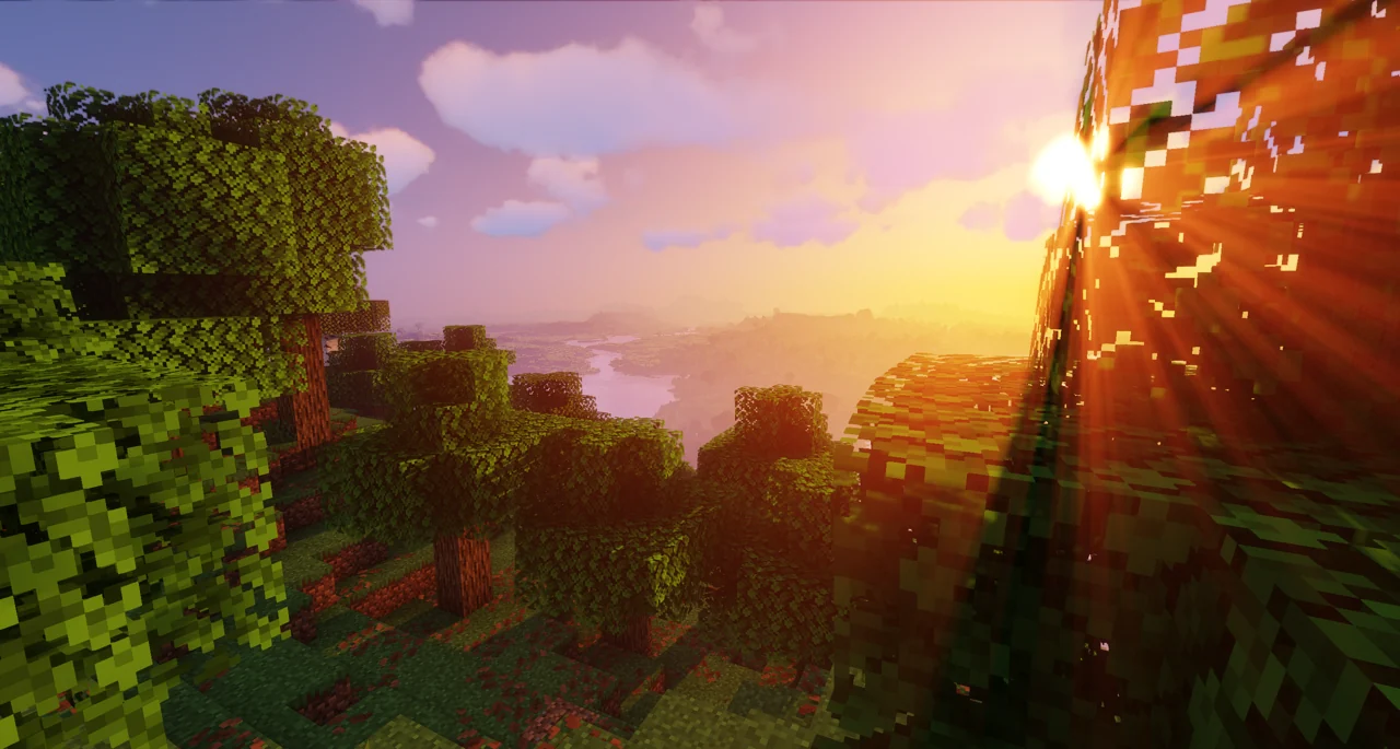 Golden sunlight passing through leaves above a Minecraft landscape