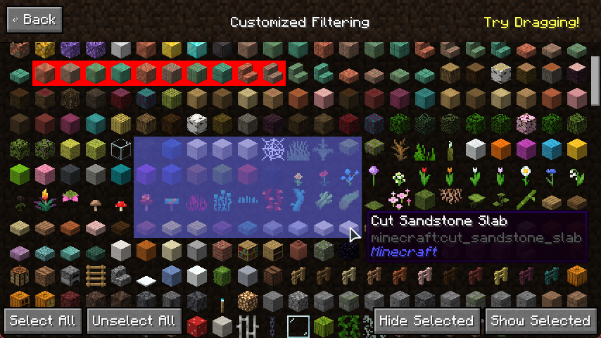 REI Customized Filtering screen with selected items and Hide Selected and Show Selected buttons