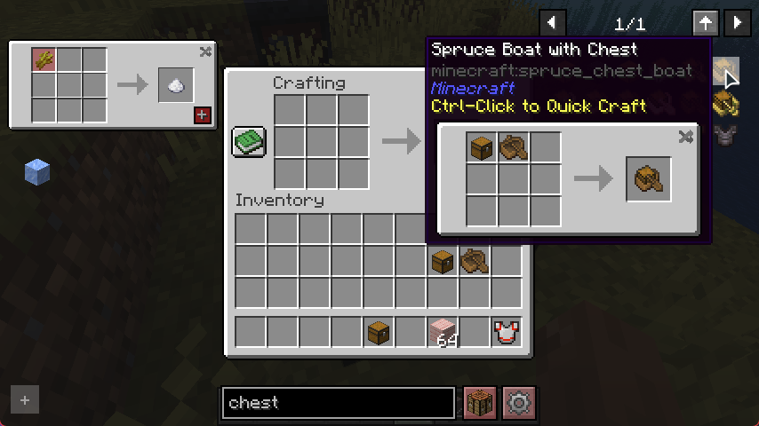 Pinned recipe beside a crafting table and a chest boat Quick Craft tooltip