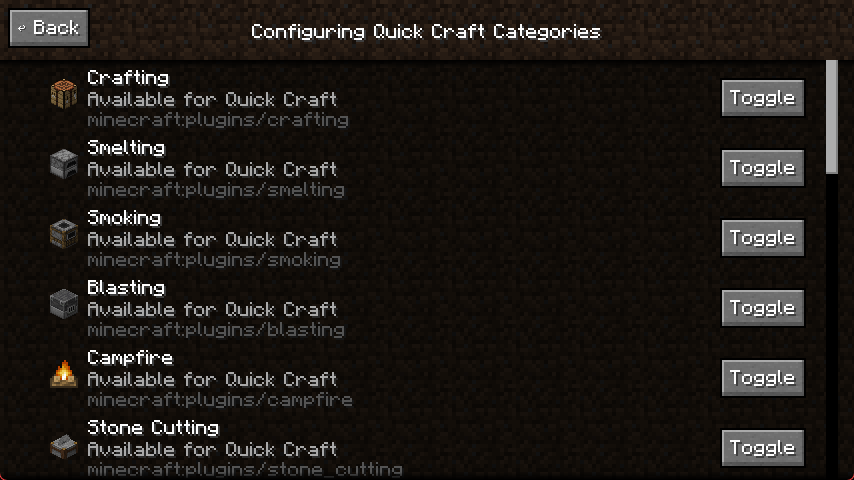 REI Quick Craft settings for crafting, smelting, smoking, blasting and stonecutting