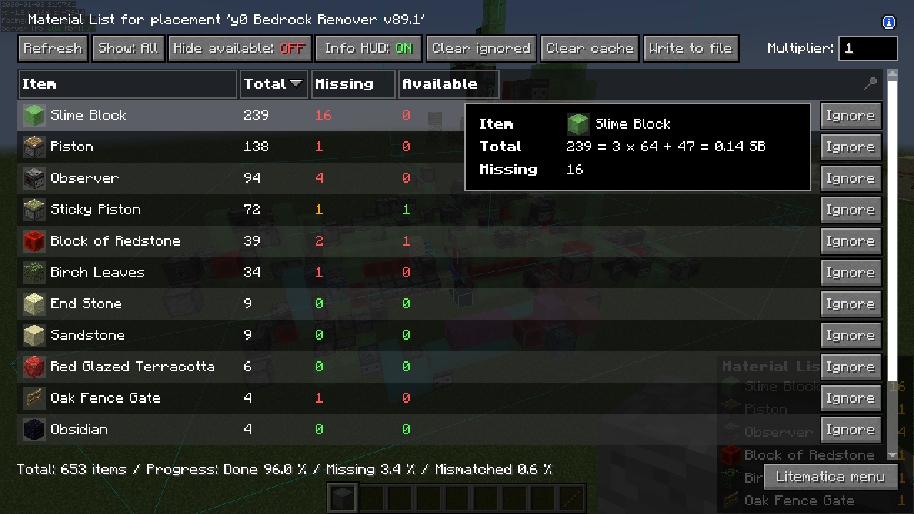Litematica material list with Total, Missing and Available columns and a stack-count tooltip