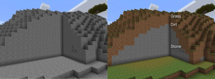 Stone terrain before and after WorldEdit adds grass and dirt surface layers