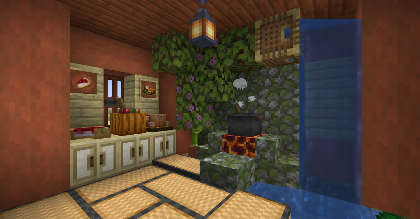 Small decorative kitchen with a cooking pot over a magma block
