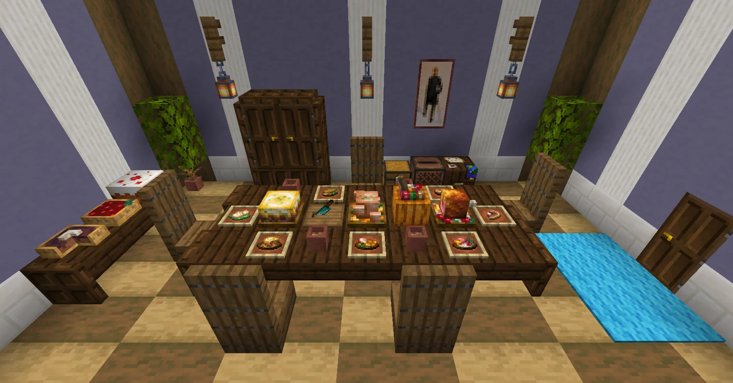 Dining table with several placeable feasts and individual food portions