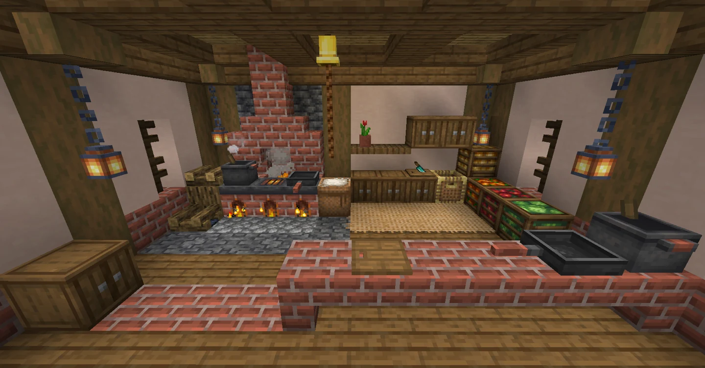 Cooking pots, stoves, cutting board and crop crates in a wooden farmhouse kitchen