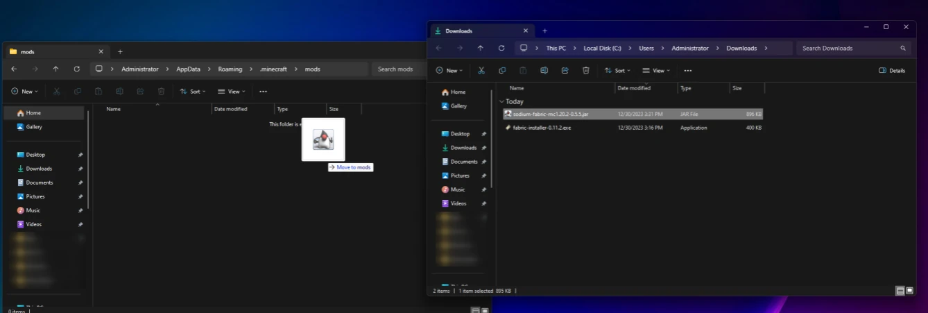 Windows file windows showing a mod JAR being moved from Downloads into the Minecraft mods folder