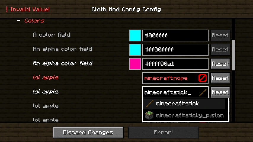 Cloth Config demonstration showing colour values, an invalid minecraft:nope item entry in red, valid item suggestions, reset buttons and a disabled save action