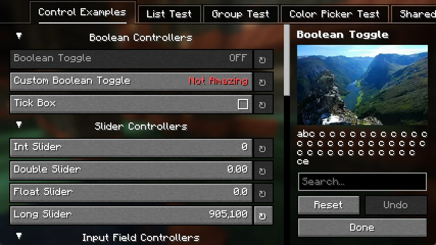 YACL demonstration screen with category tabs, on-off controls, numeric sliders, a description panel, search, reset, undo and Done