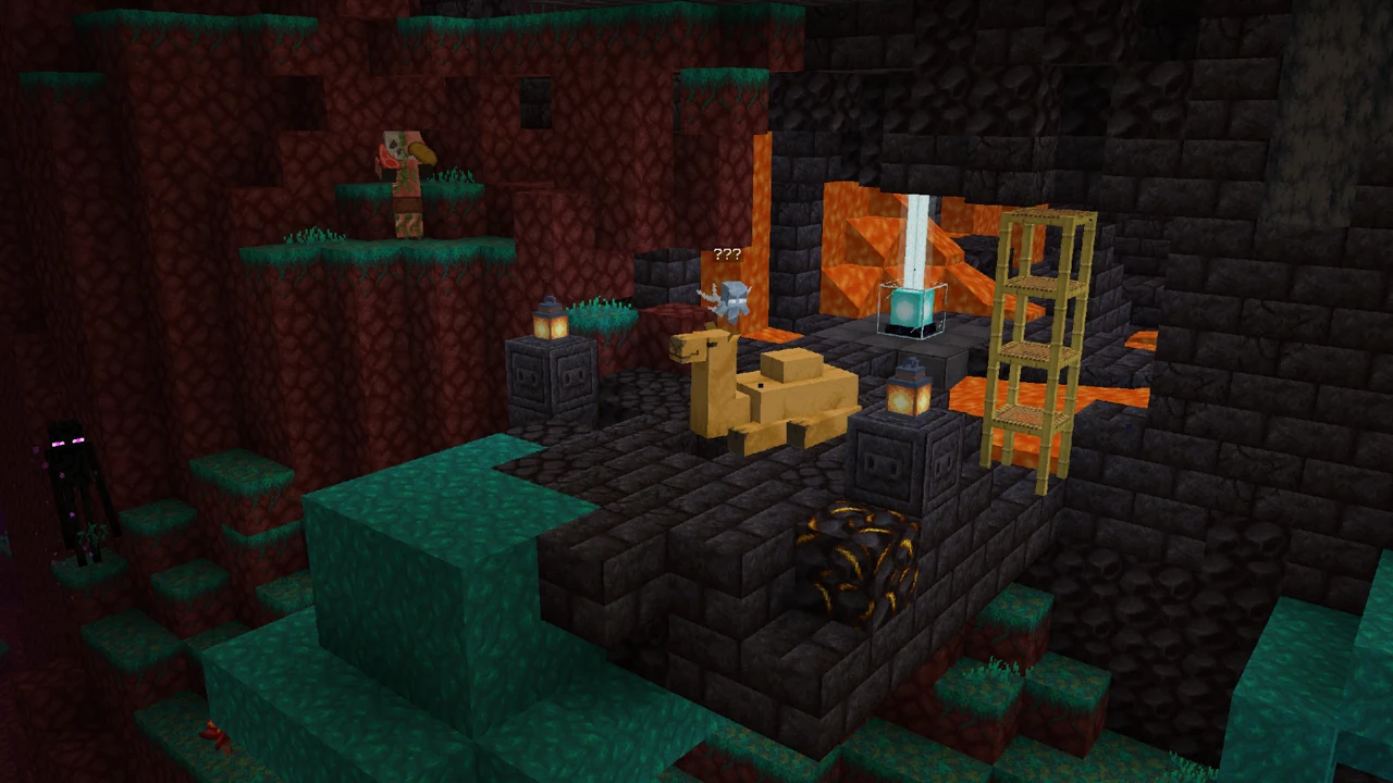 Nether-themed block display with contrasting dark stone and warm lights