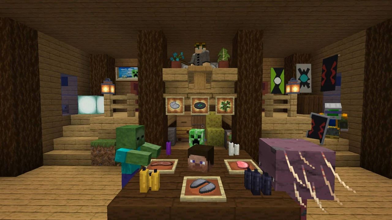 Minecraft workshop with detailed wooden surfaces, tools and framed items in Faithful 32x