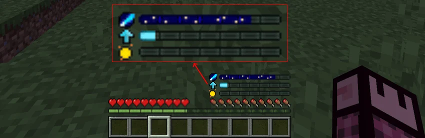 Origins PE resource bars shown above the hotbar with an enlarged inset