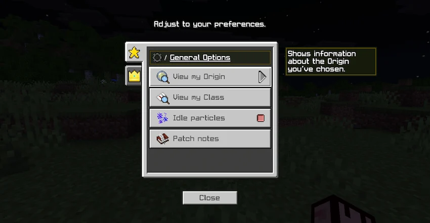 Origins PE Preferences with View my Origin, View my Class, Idle particles and Patch notes