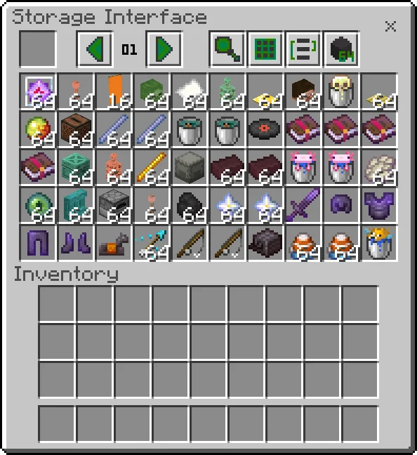 Storage Interface with page arrows, magnifying-glass search, view controls and a 64-item selector