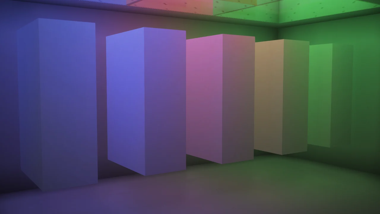 Colored illumination on a row of white pillars in a Minecraft interior