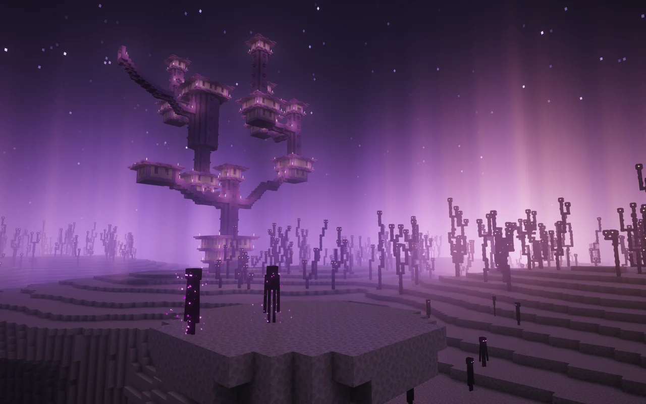 End city and chorus plants beneath a purple starry sky
