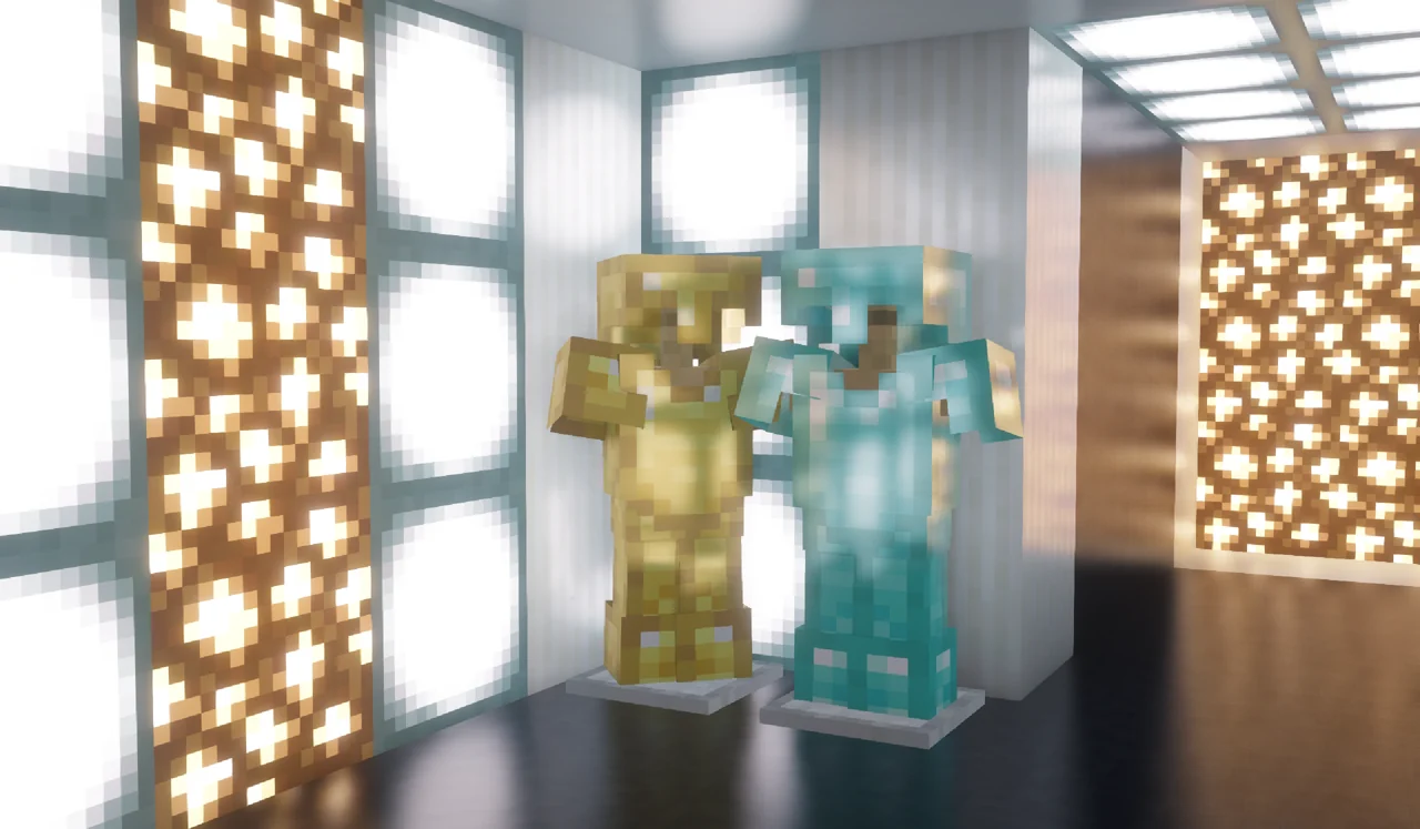 Metal armor and illuminated blocks showing different reflective materials