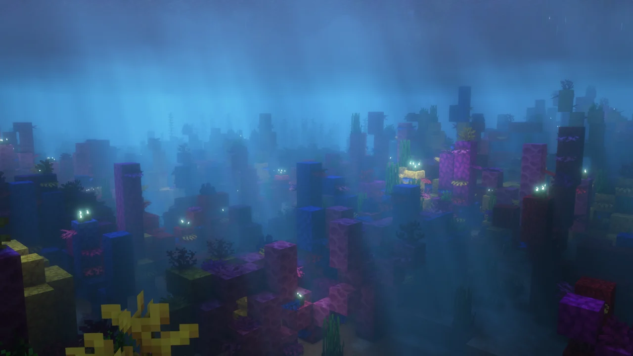 Colorful underwater coral landscape illuminated through water