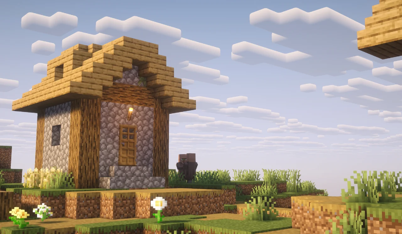 Small Minecraft village house beneath block-shaped clouds in Complementary Reimagined