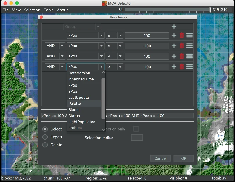 MCA Selector filter dialog with Select, Export and Delete options