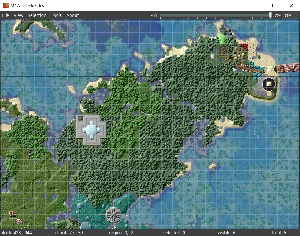 MCA Selector close-up showing individual chunks around player builds